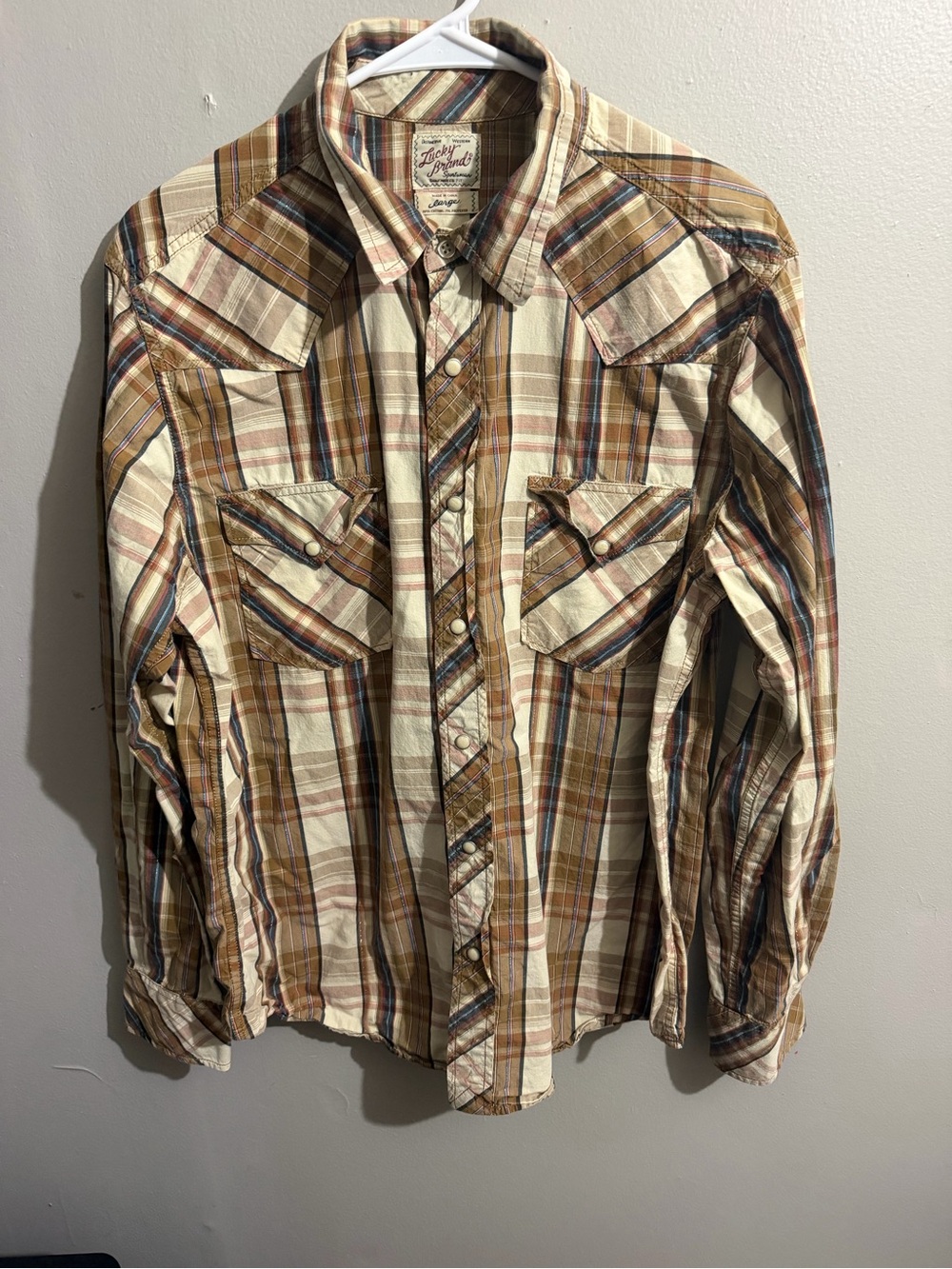 Lucky Brand Distinctive Western Pearl Snap Plaid Shirt Mens Large Long Sleeve